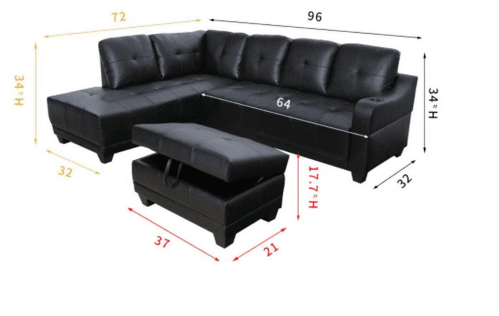 96" Wide Black Leather Left Hand Facing Sectional Sofa & Chaise with Ottoman Y464188