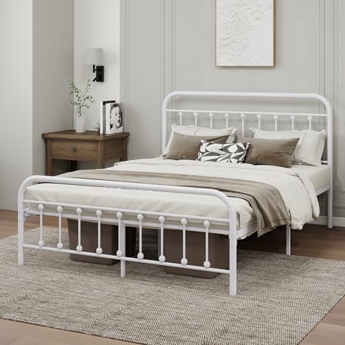 White Metal Full Size Bed Frame with Headboard Footboard T382