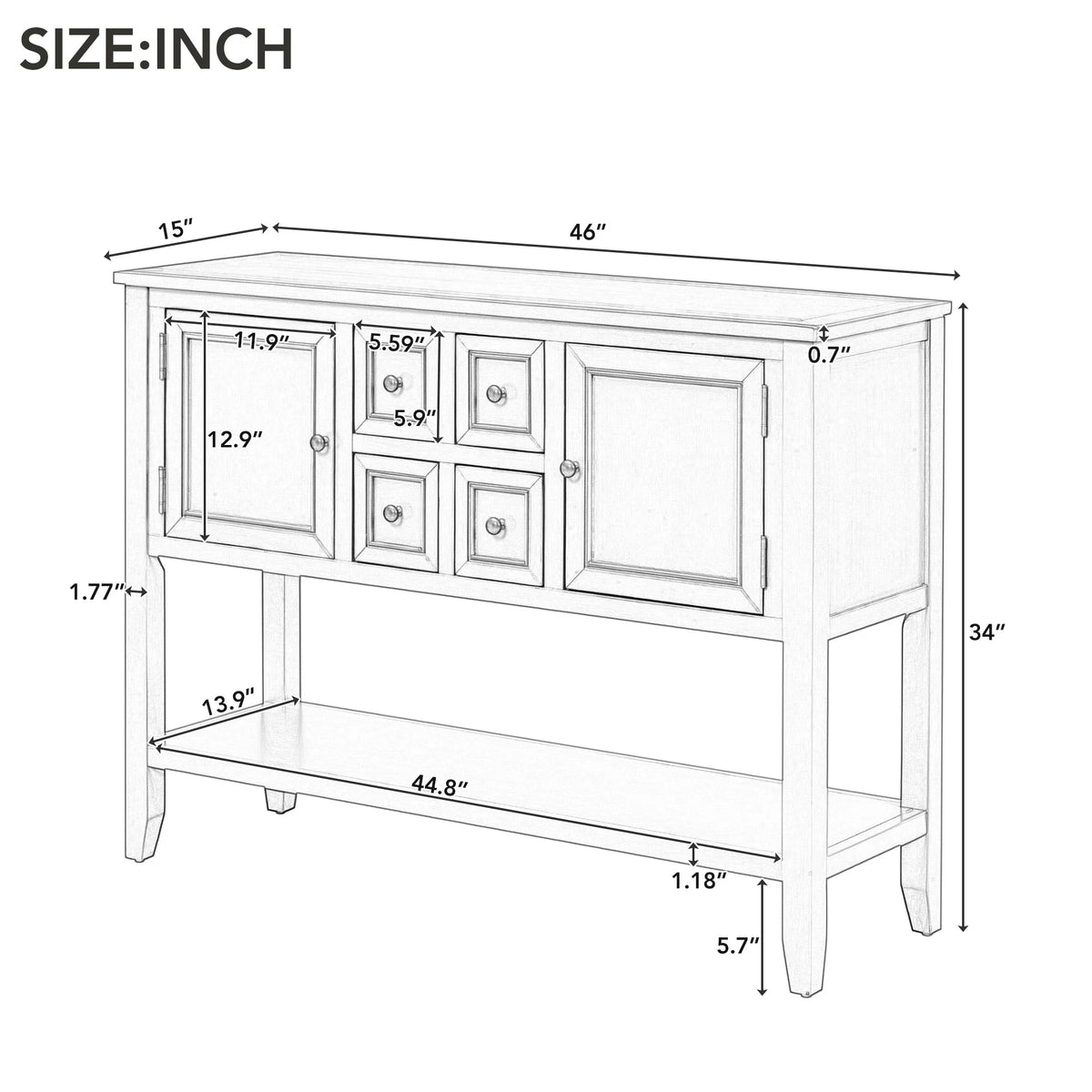 Vintage Console Table with Four Drawers and Bottom Shelf, Espresso T714