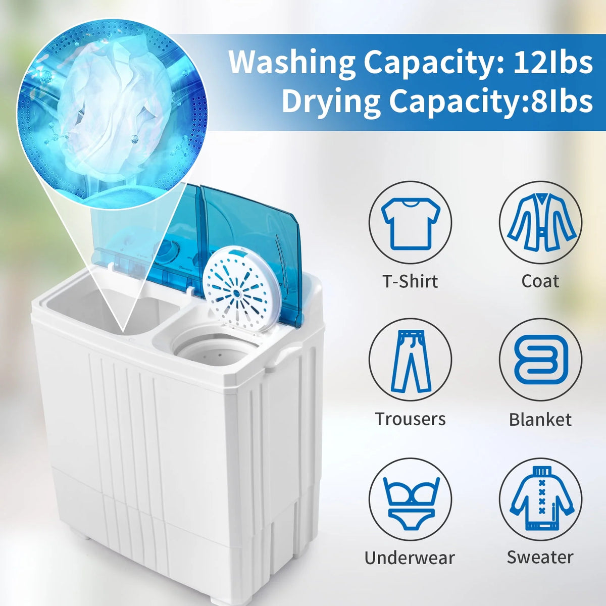 20LBS Portable Compact Twin Tub Washing Machine Washer Dryer, Blue X205