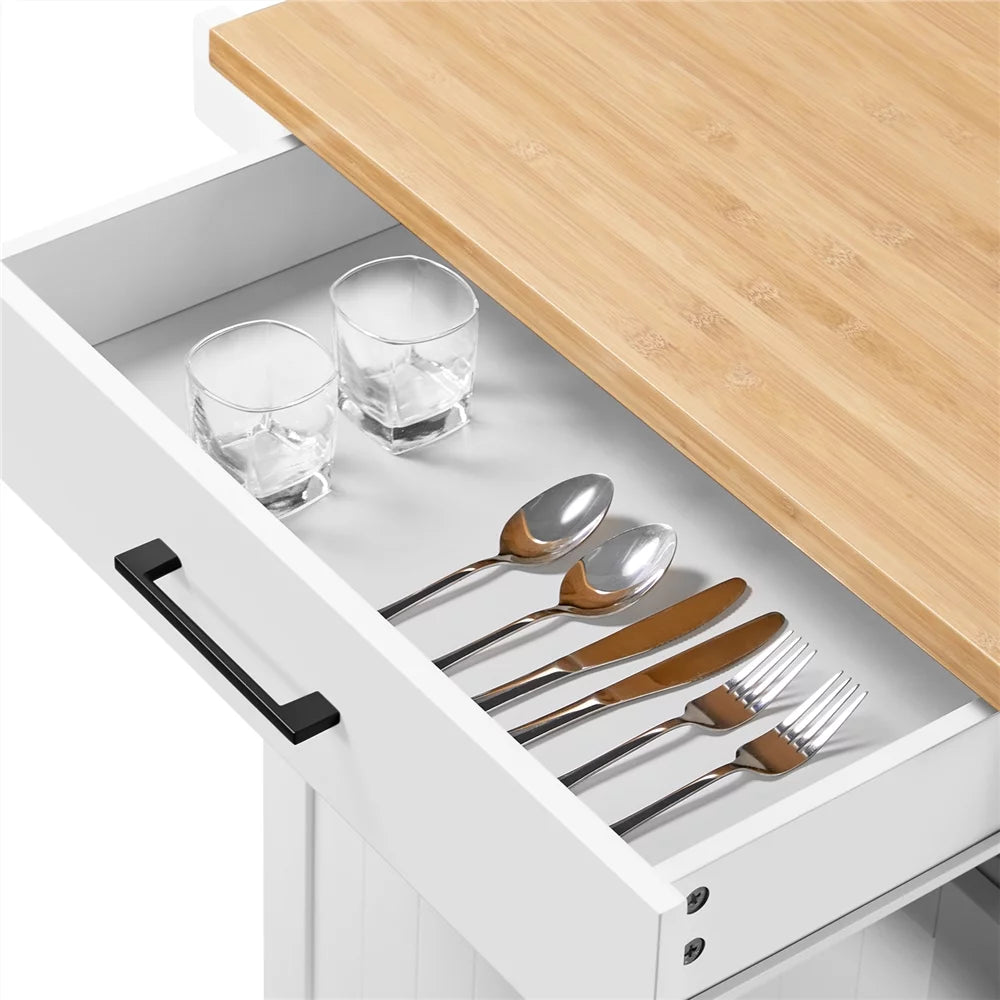White Rolling Kitchen Cart with Storage and Spice Rack B9630