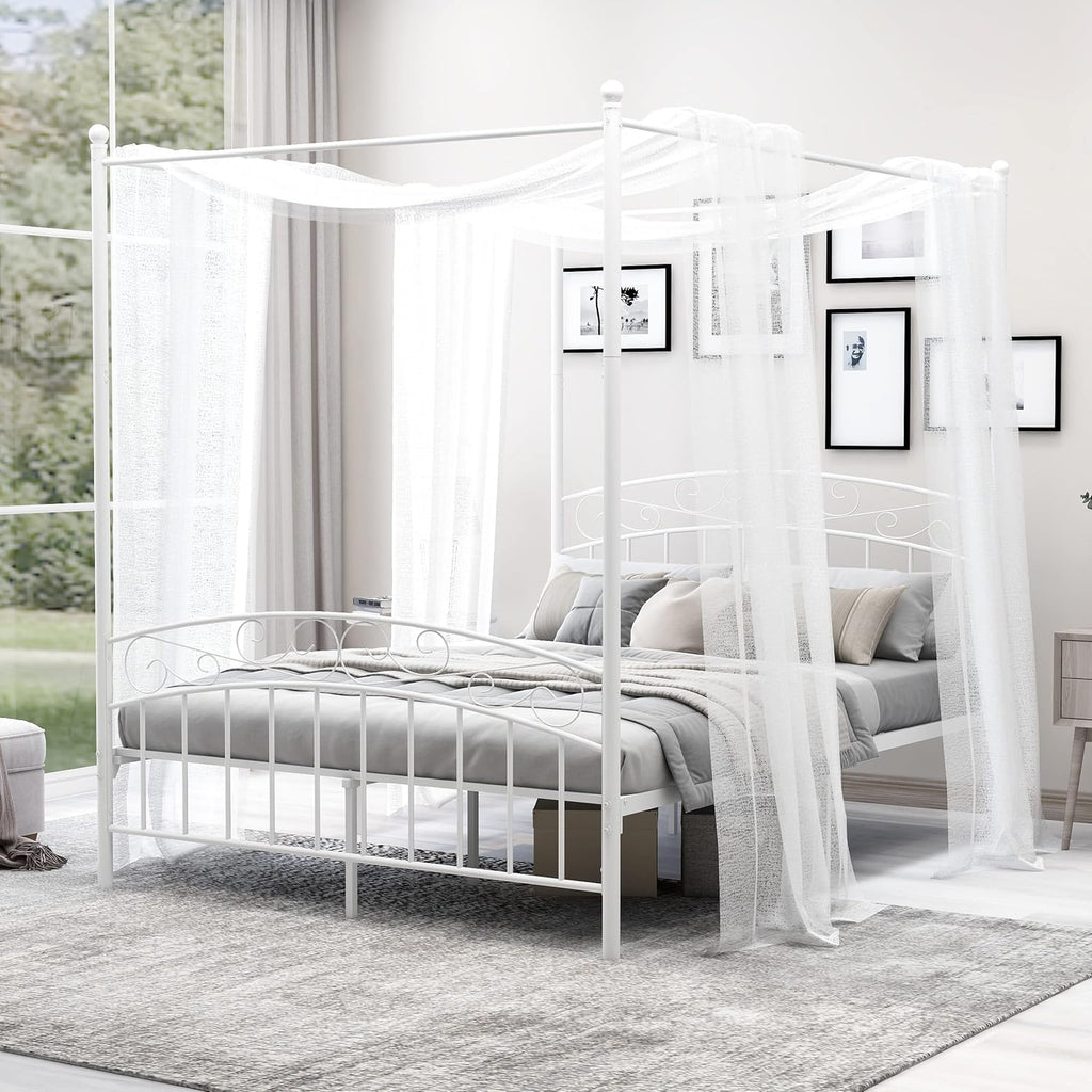 Queen Size White Metal Canopy Bed Frame with Headboard Z566600