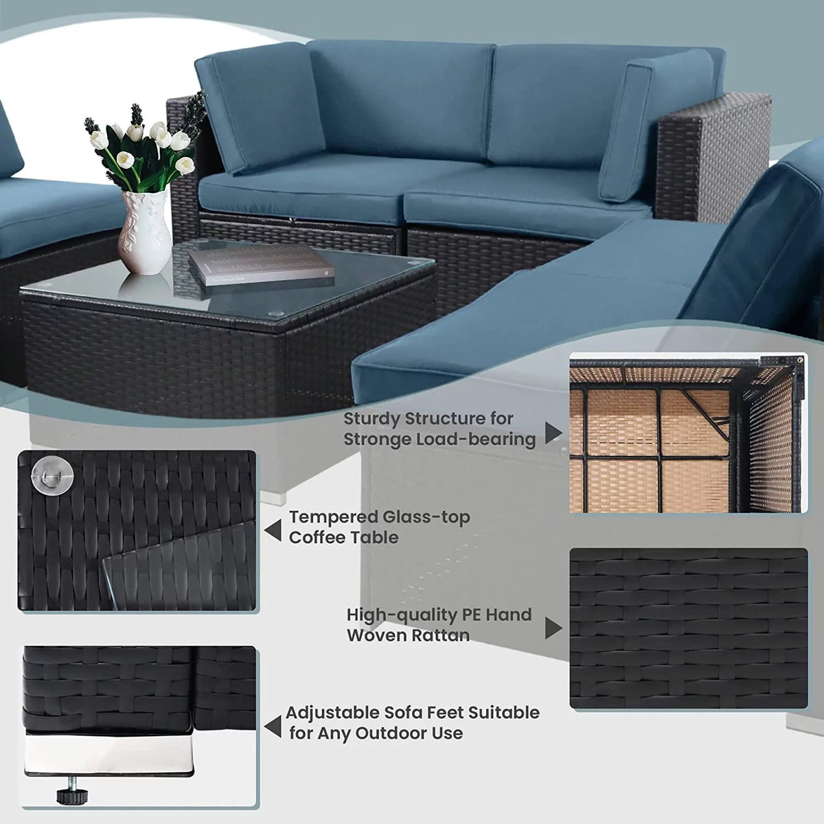 7-Pieces Wicker Outdoor Sectional Sofa Set with Haze Blue Cushions I76713