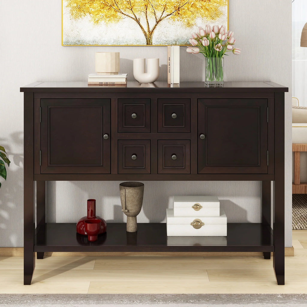 Vintage Console Table with Four Drawers and Bottom Shelf, Espresso T714
