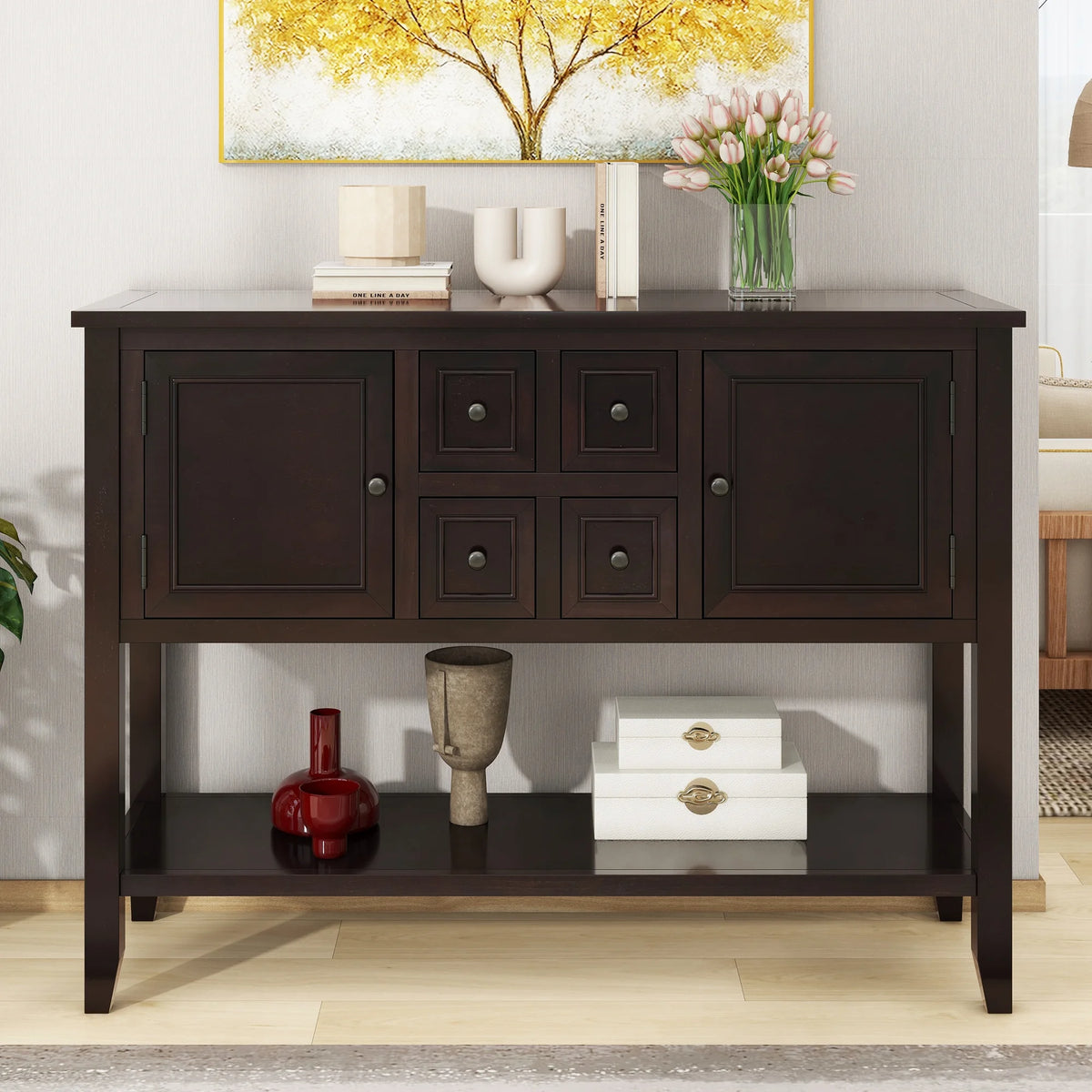 Vintage Console Table with Four Drawers and Bottom Shelf, Espresso T714
