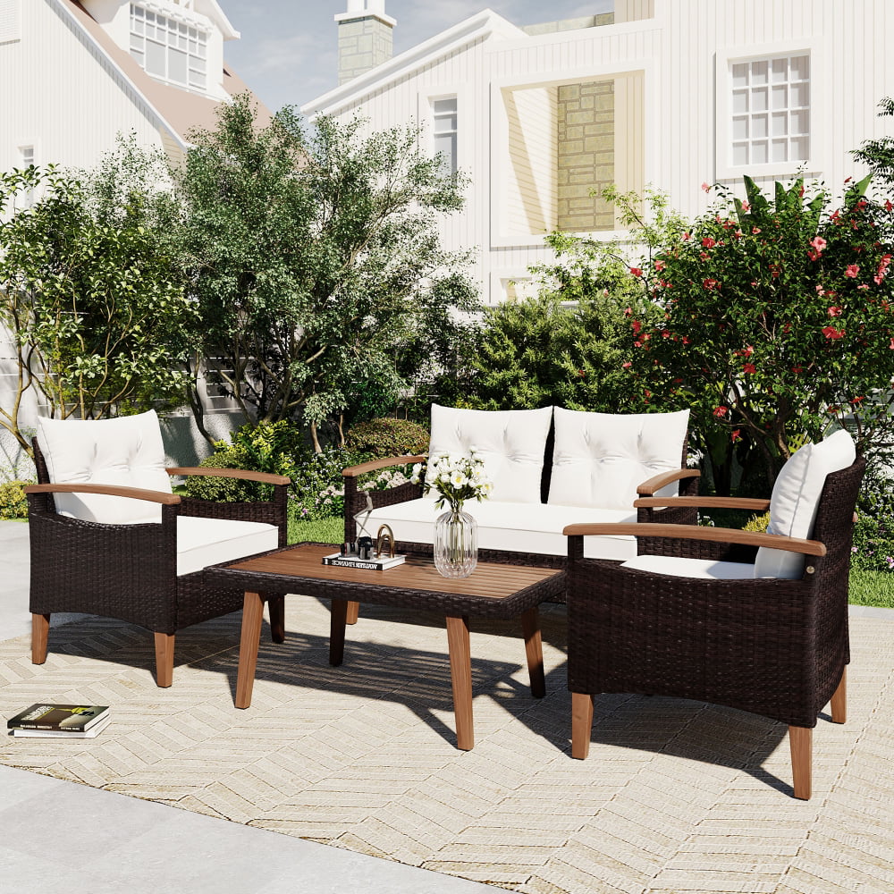 4-Piece PE Rattan Patio Conversation Set with Cushions and Dining Table E7236