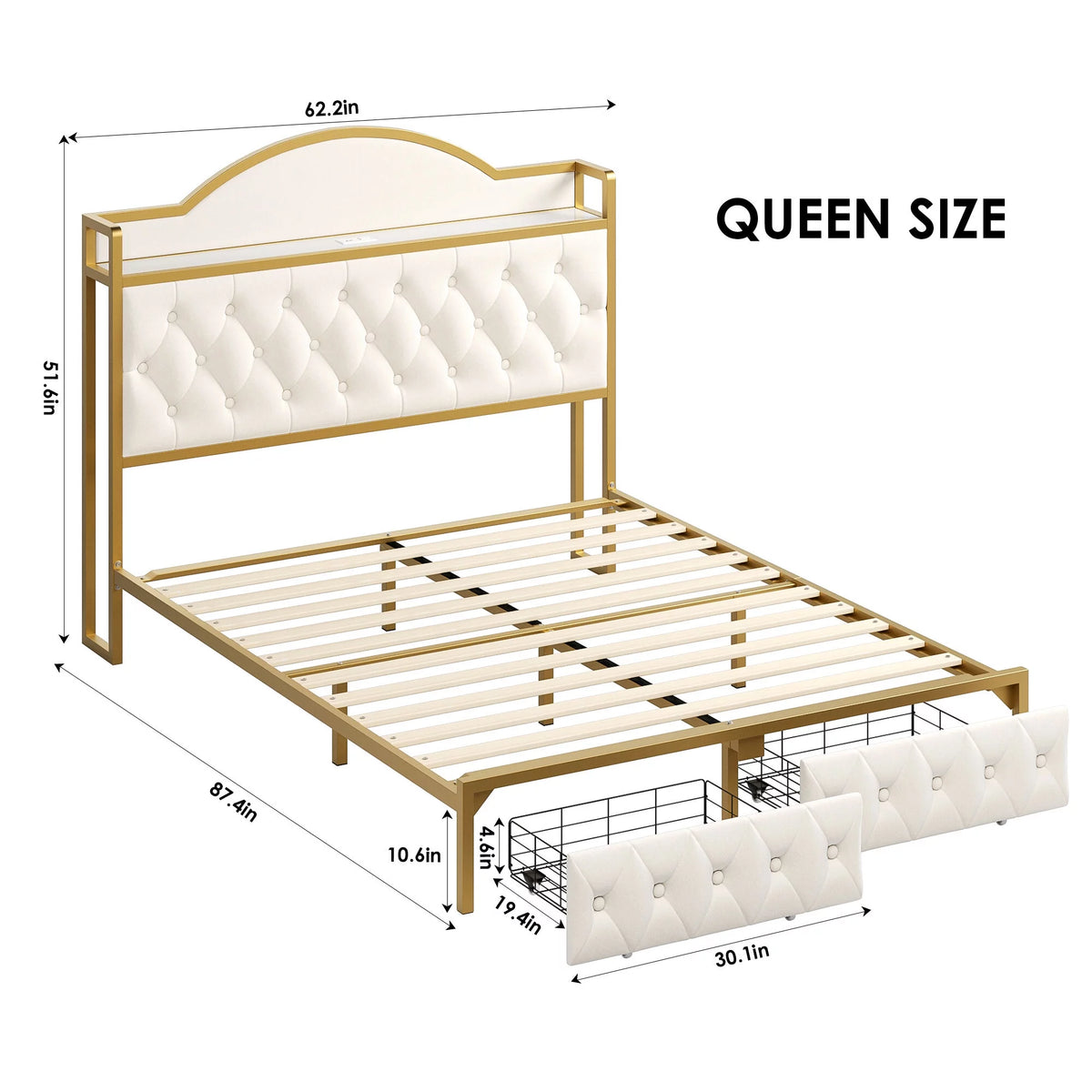 White Queen Size Storage Bed with 2 Drawers T8141