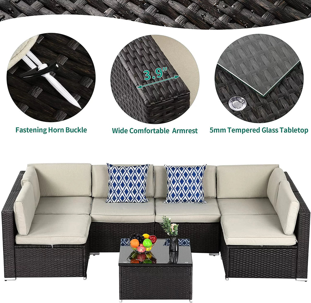 7 Piece PE Rattan Wicker Sectional Sofa Set with Table Cushions P676865