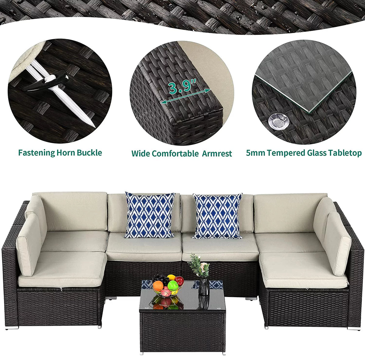7 Piece PE Rattan Wicker Sectional Sofa Set with Table Cushions P676865