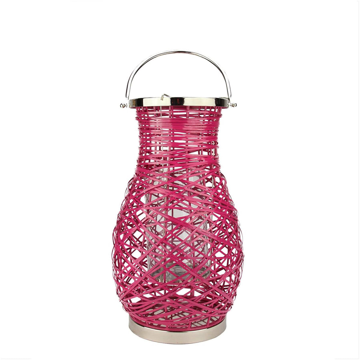 Fuschia Pink Decorative Woven Iron Pillar Candle Lantern with Glass Hurricane E293