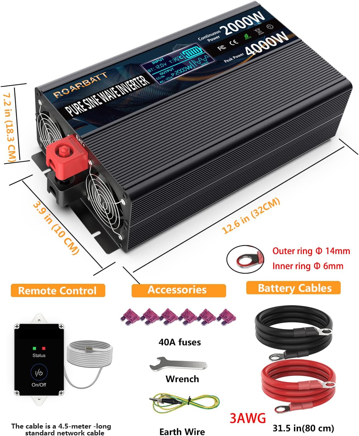 2000W Pure Sine Wave Power Inverter 12V to 110V/120V with Remote Q993244