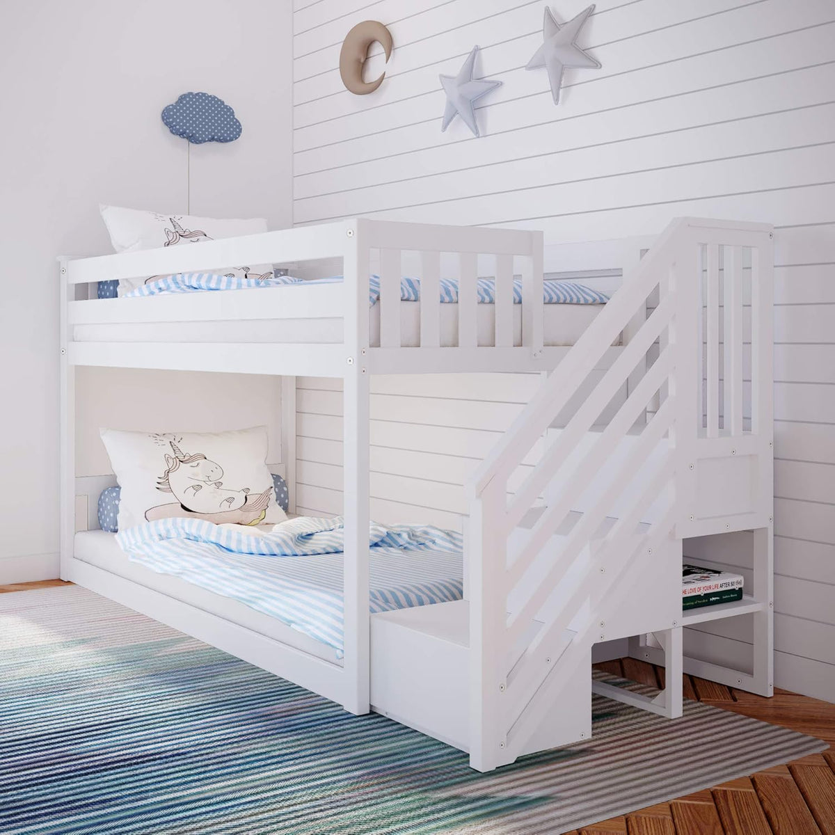 White Twin Low Bunk Bed with Staircase F9360