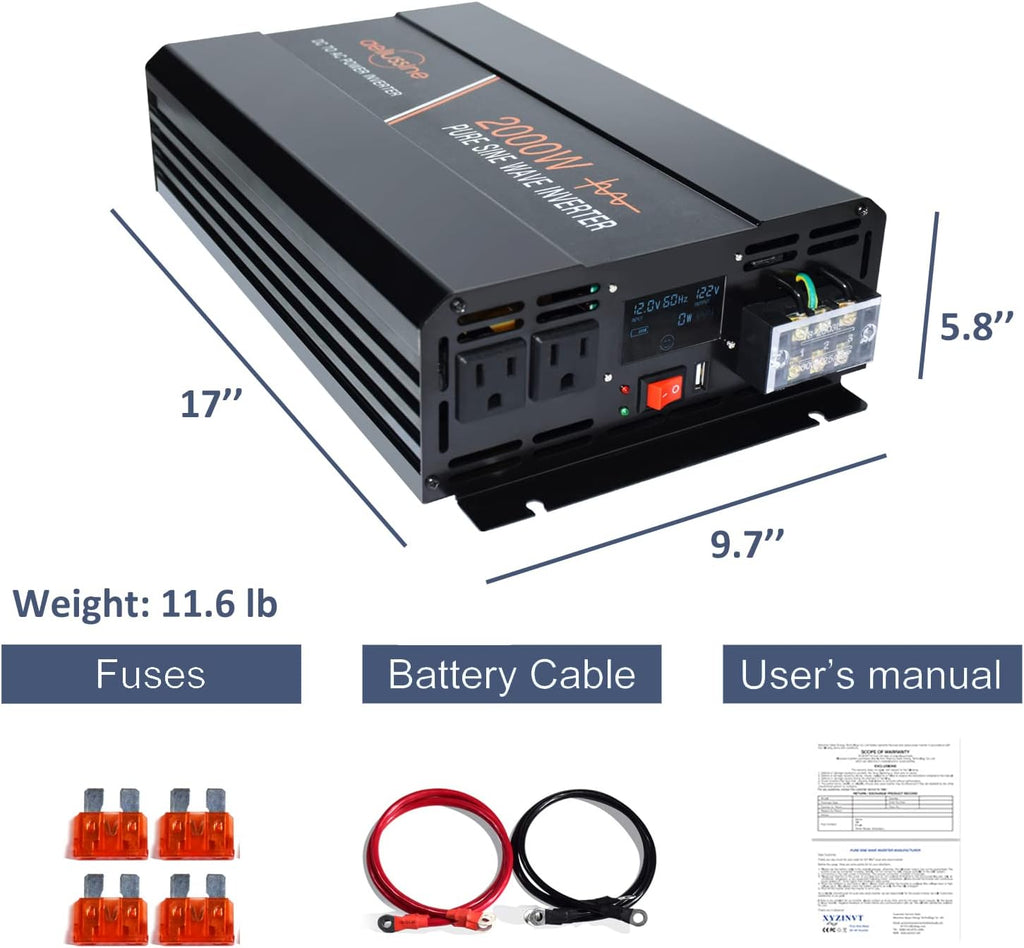 2000W Pure Sine Wave Power Inverter 12v DC to AC 120v Converter D477