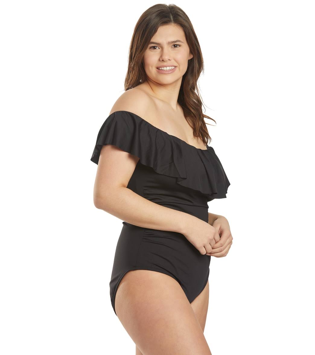 Plus Size Off-The-Shoulder One-Piece Swimsuit - Black S8787