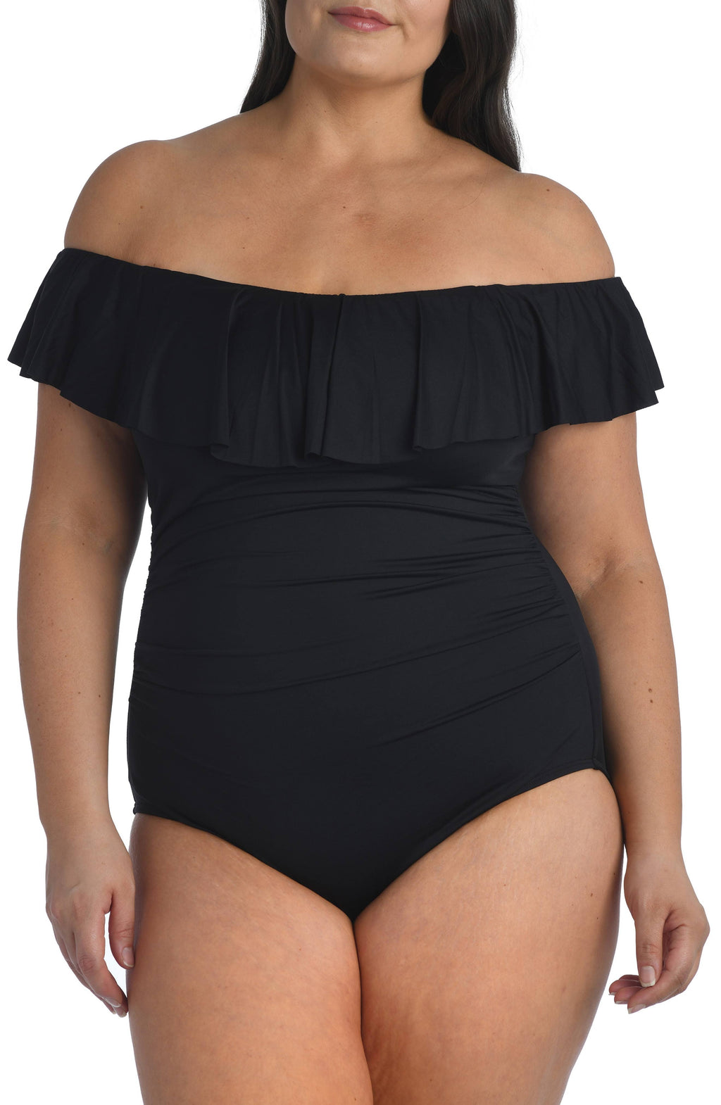 Plus Size Off-The-Shoulder One-Piece Swimsuit - Black S8787