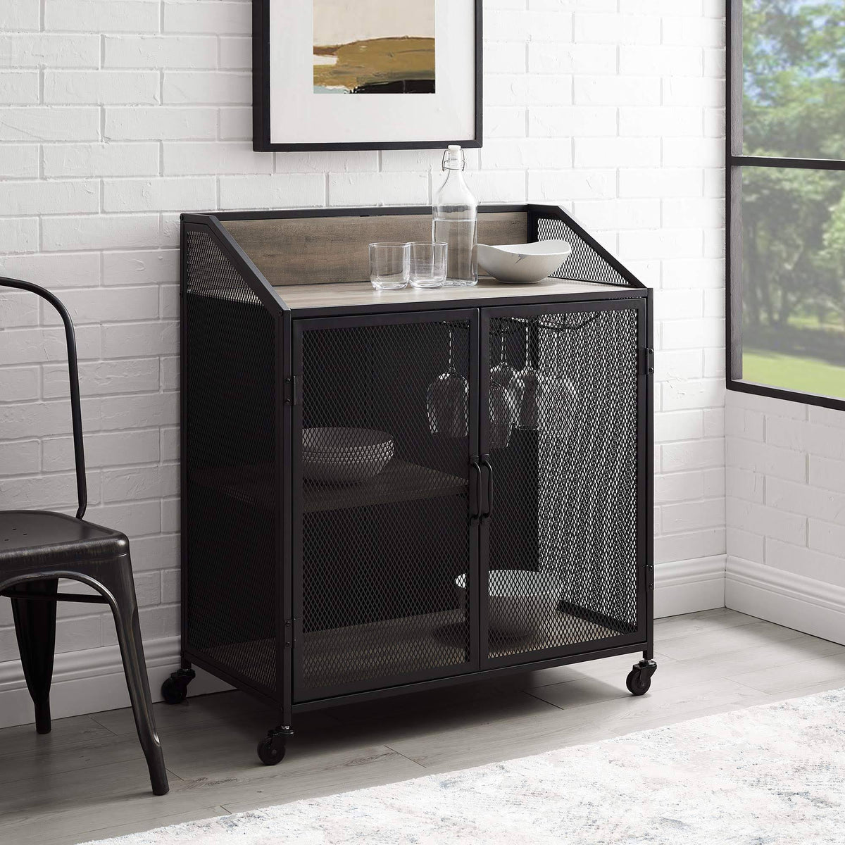 33 inch Grey Wash Bar Cabinet with Metal Mesh U829402