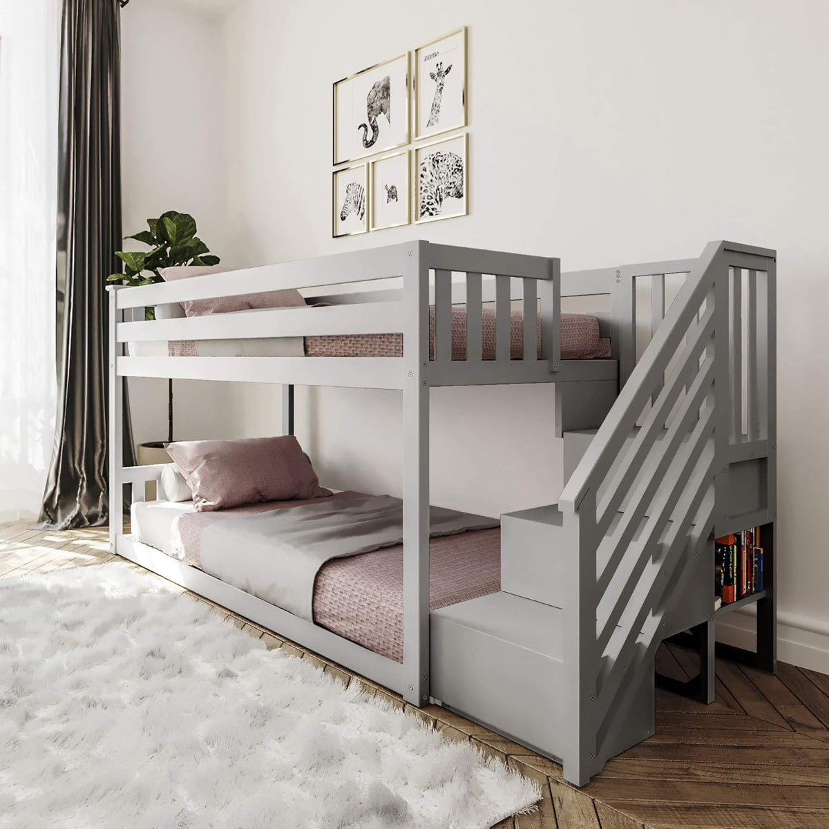 White Twin Low Bunk Bed with Staircase F9360