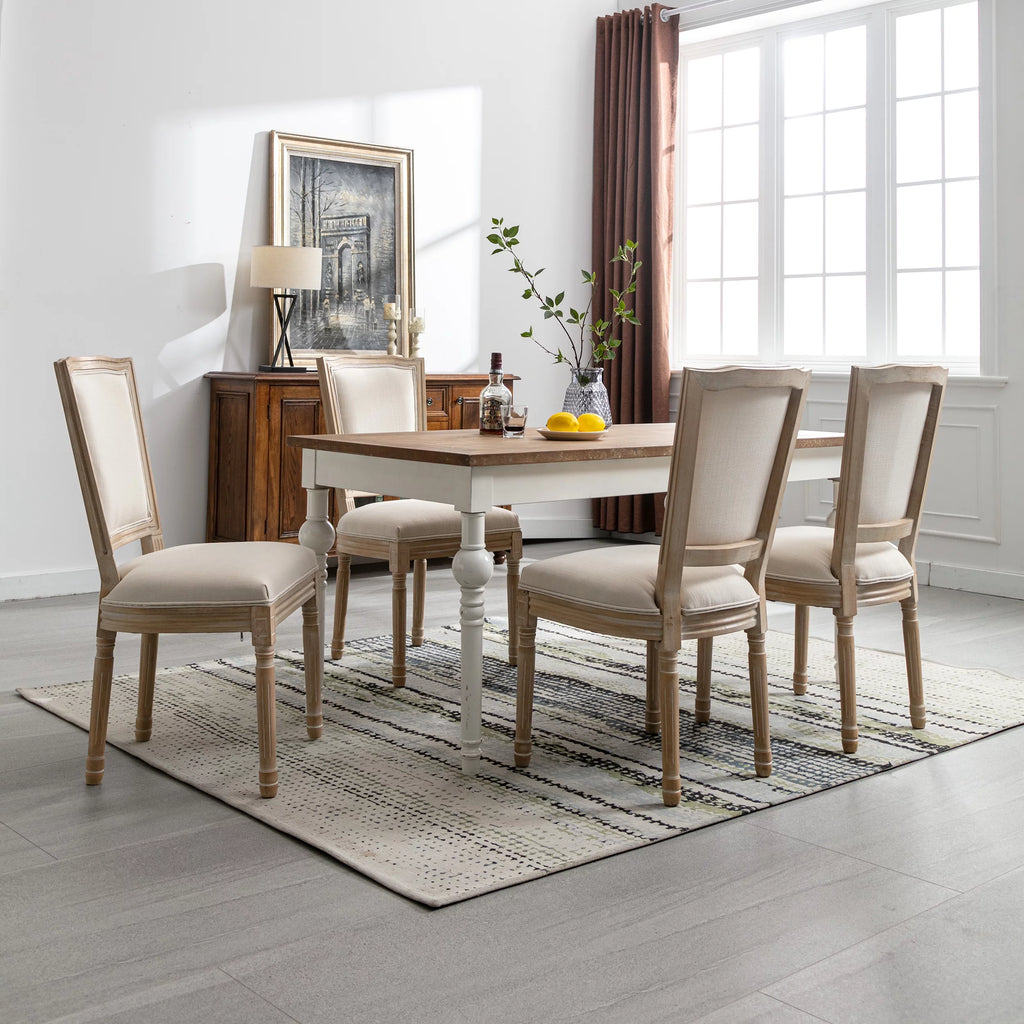 French Style Solid Wood Frame Linen Fabric Rattan Back Dining Chair Set Of 2 J874