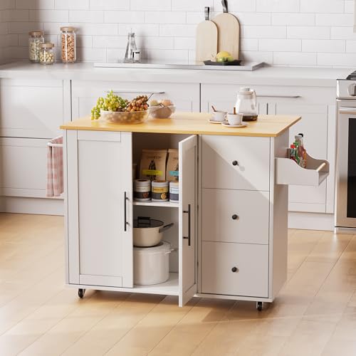White Rolling Kitchen Island with Storage R5530