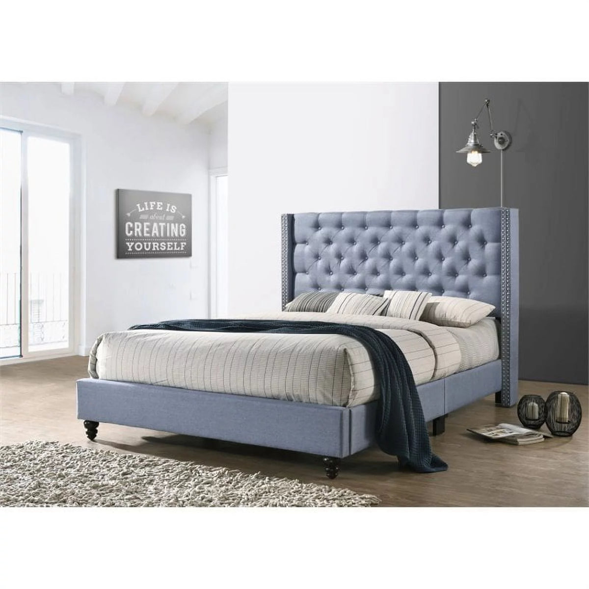 Blue Fabric Upholstered Queen Bed R655