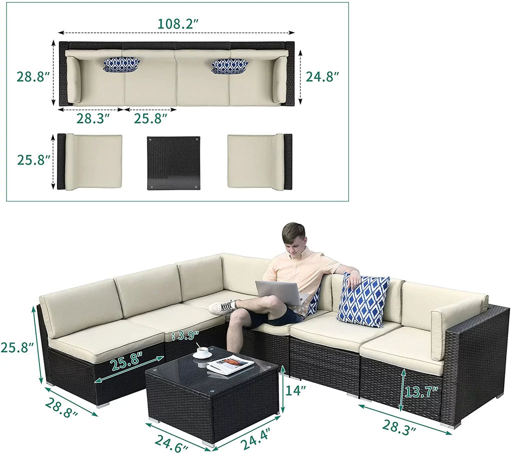 7 Piece PE Rattan Wicker Sectional Sofa Set with Table Cushions P676865