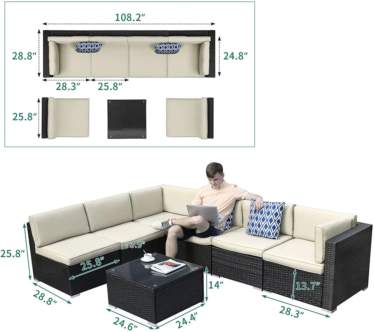 7 Piece PE Rattan Wicker Sectional Sofa Set with Table Cushions P676865