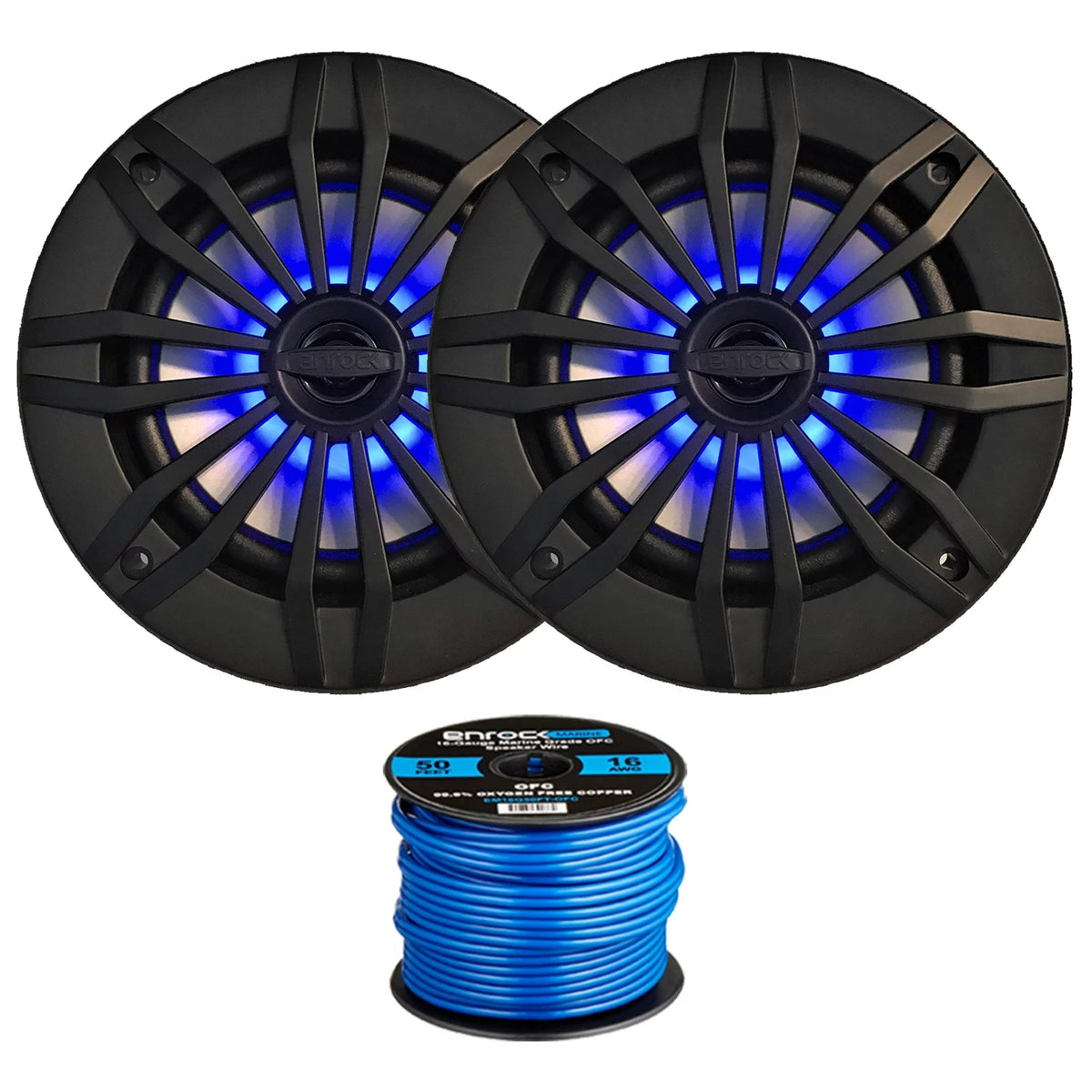 2 x 6.5" 2-Way 200W Marine Loudspeakers with Blue LED Light (Black), 50Ft 16-Gauge Tinned Speaker Wire R777