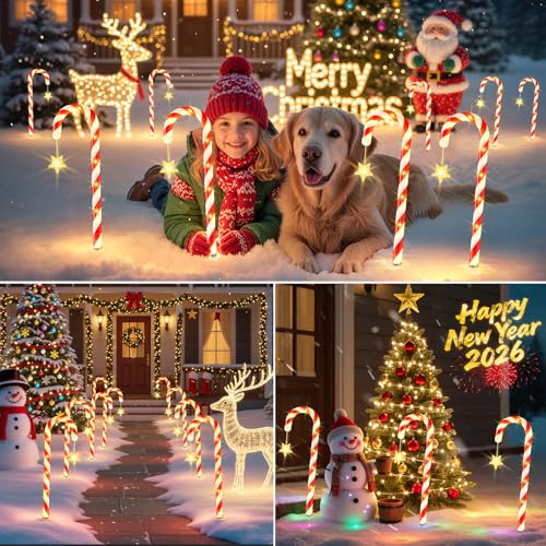24 Pack Candy Cane Pathway Lights 10 Modes Waterproof Christmas Yard Stakes Y29996