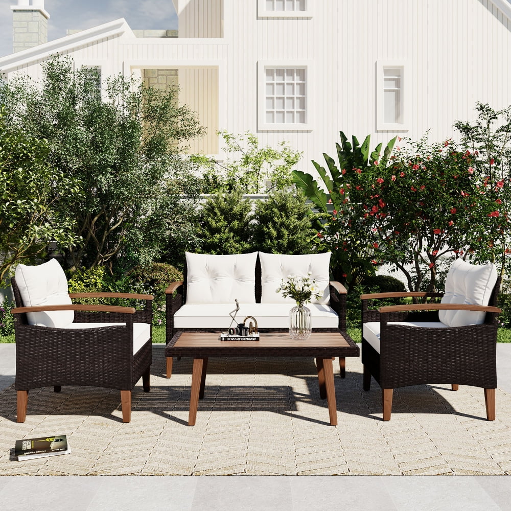 4-Piece PE Rattan Patio Conversation Set with Cushions and Dining Table E7236