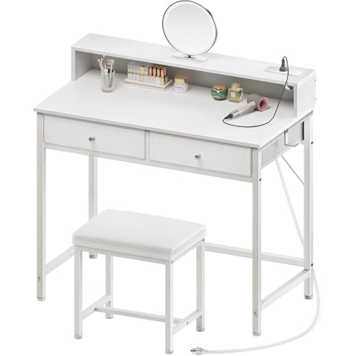 White Vanity Desk with Drawers and Charging Station O418644
