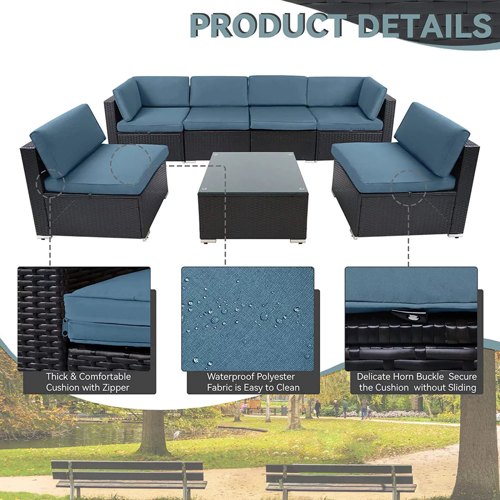 7-Pieces Wicker Outdoor Sectional Sofa Set with Haze Blue Cushions I76713