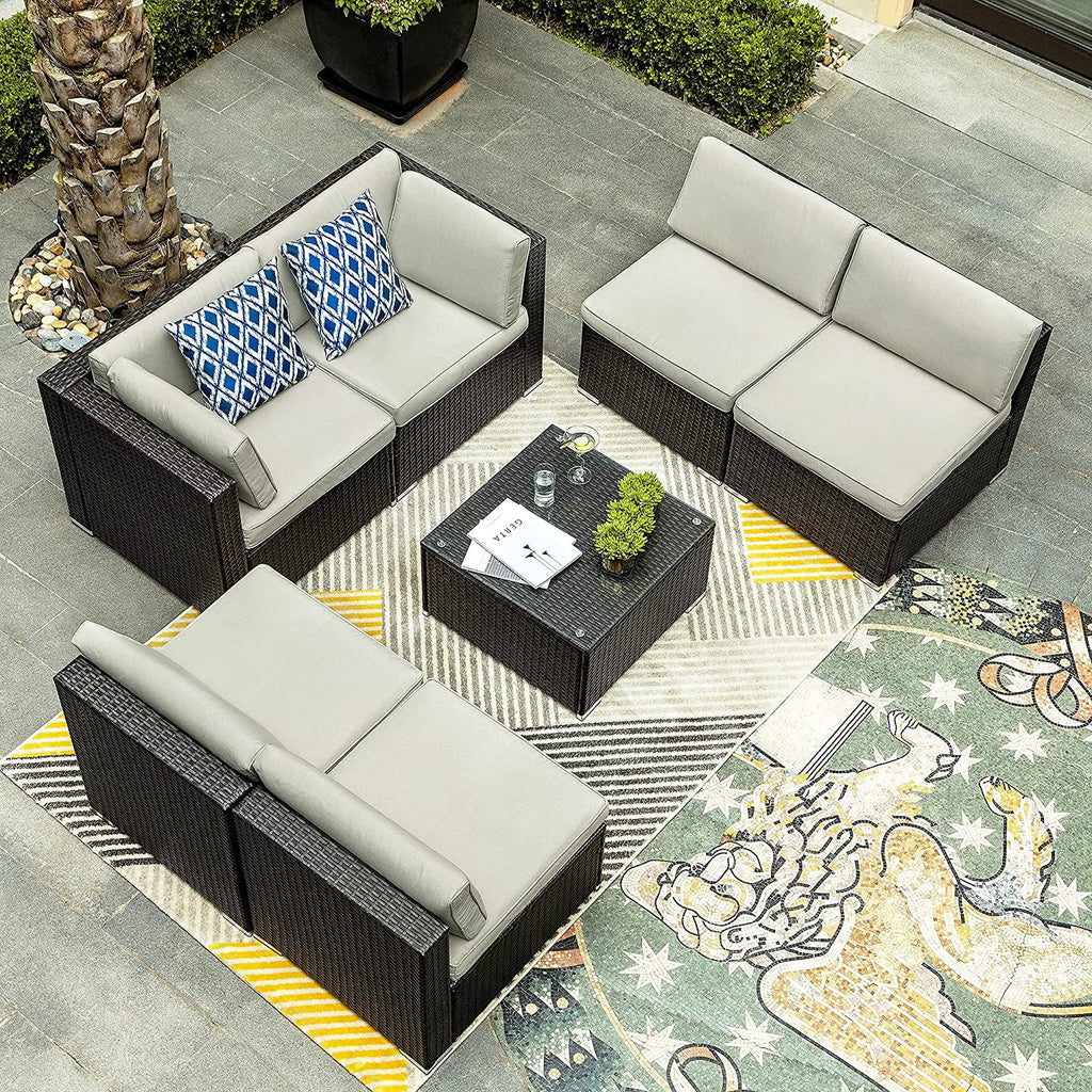 7 Piece PE Rattan Wicker Sectional Sofa Set with Table Cushions P676865