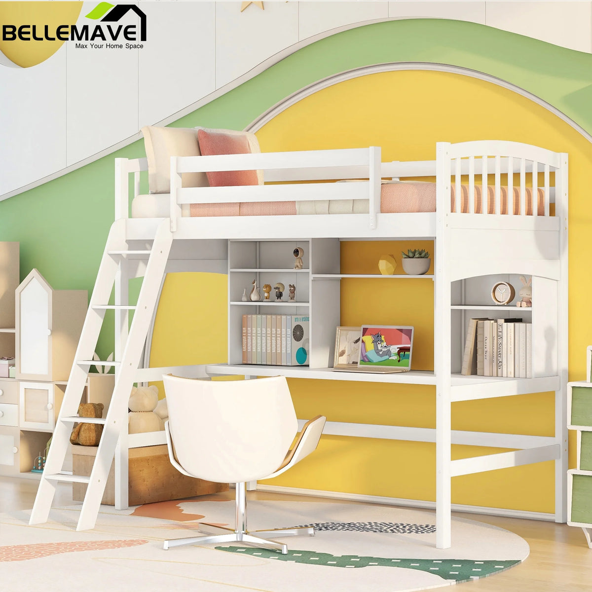 Twin Size Solid Wood Loft Bed with Built-in Desk and 3 Storage Staircase D76837