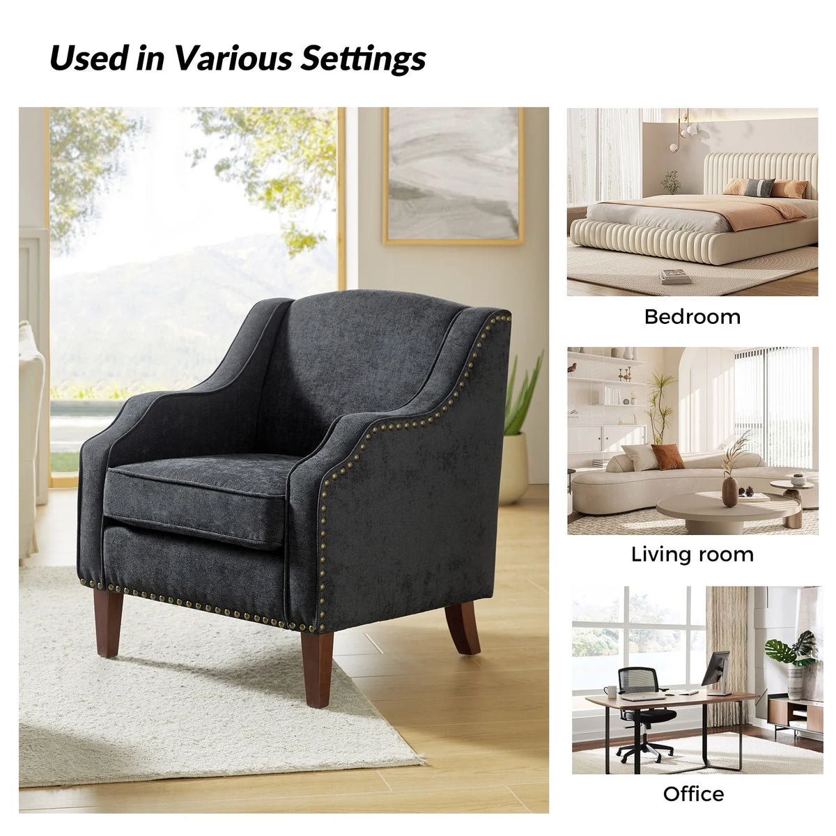 Charcoal Upholstered Wooden Armchairs Set of 2 O1528