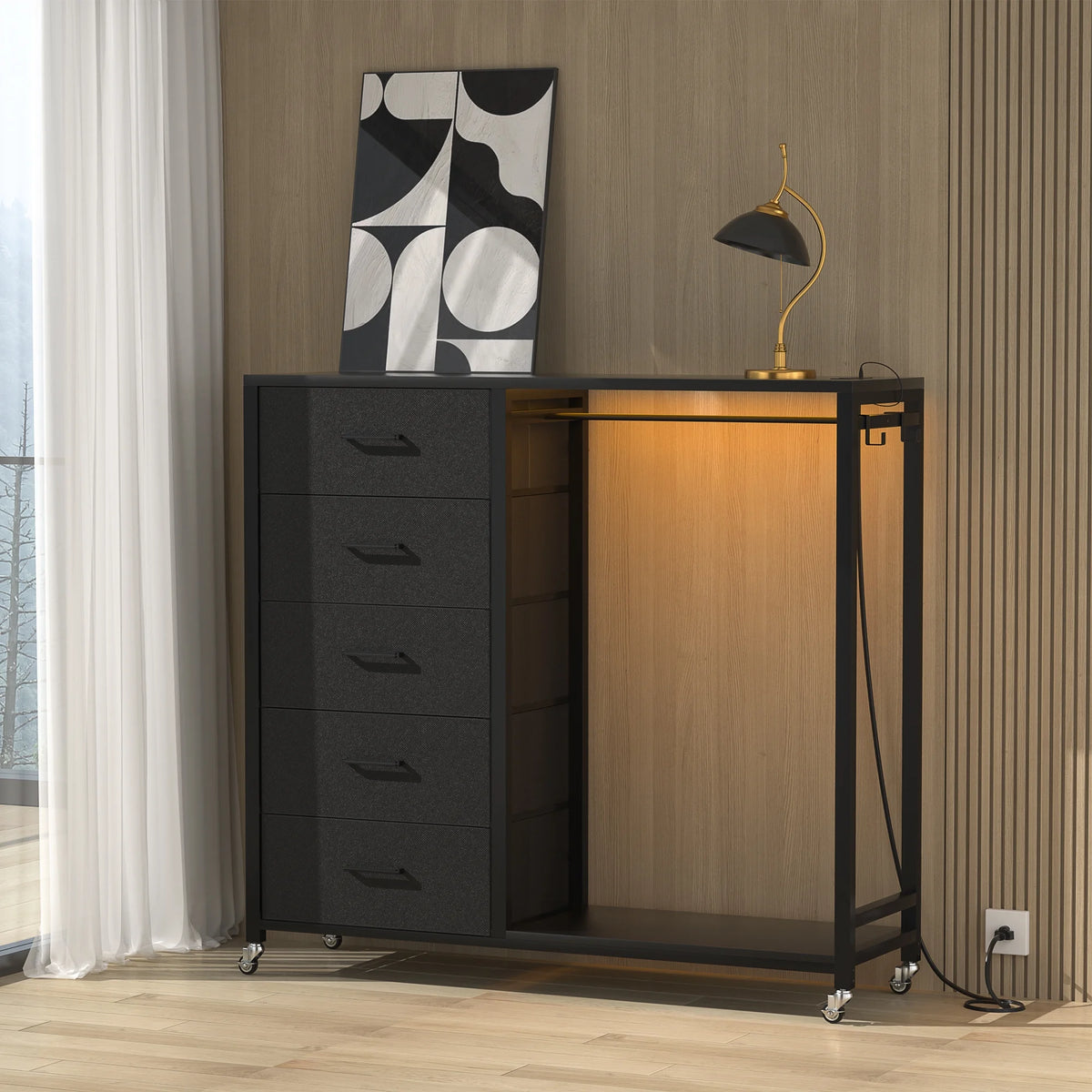 White 5 Drawer Dresser with Clothes Rack M173