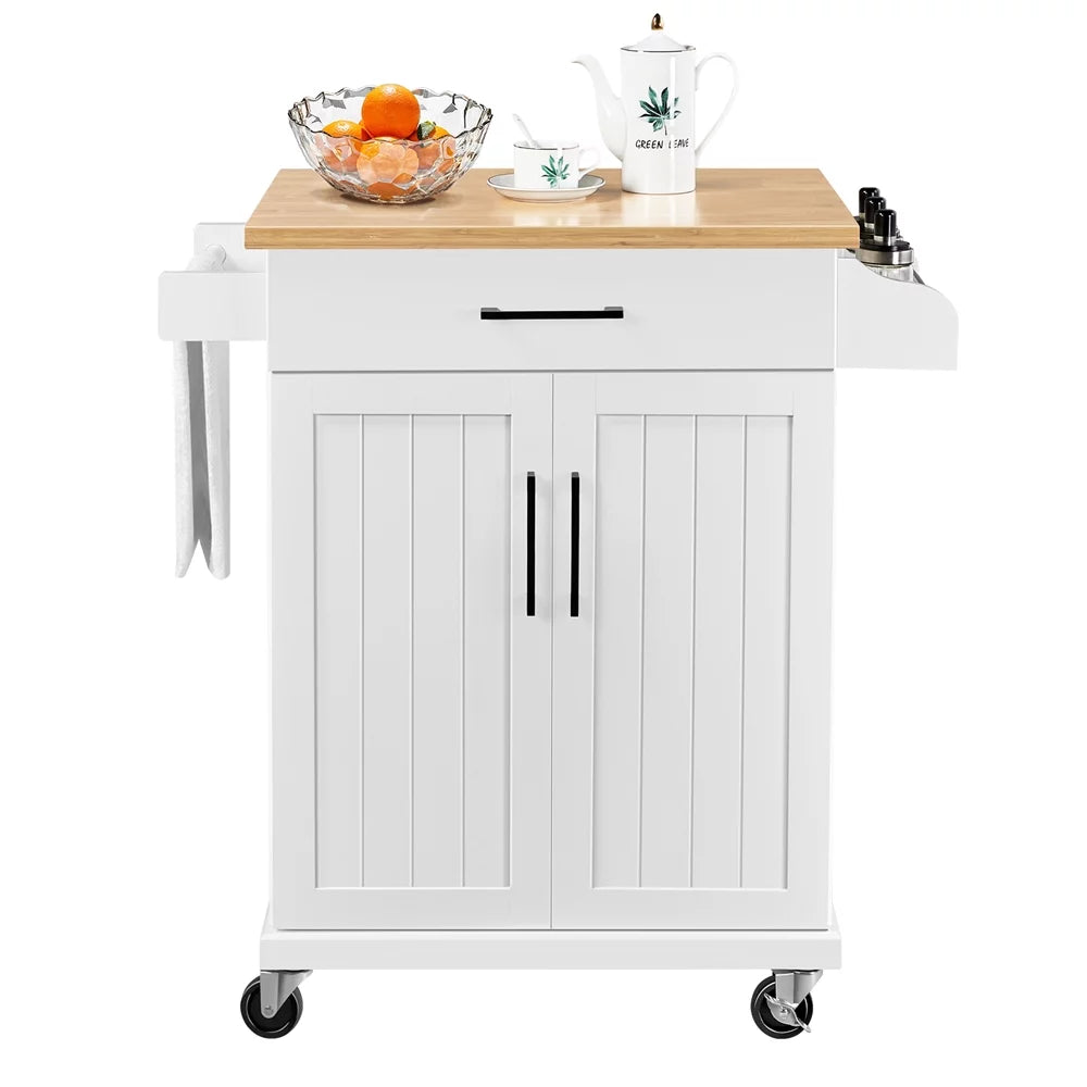 White Rolling Kitchen Cart with Storage and Spice Rack B9630