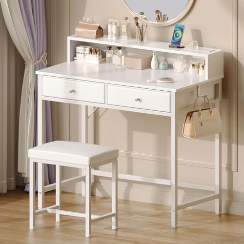 White Vanity Desk with Drawers and Charging Station O418644
