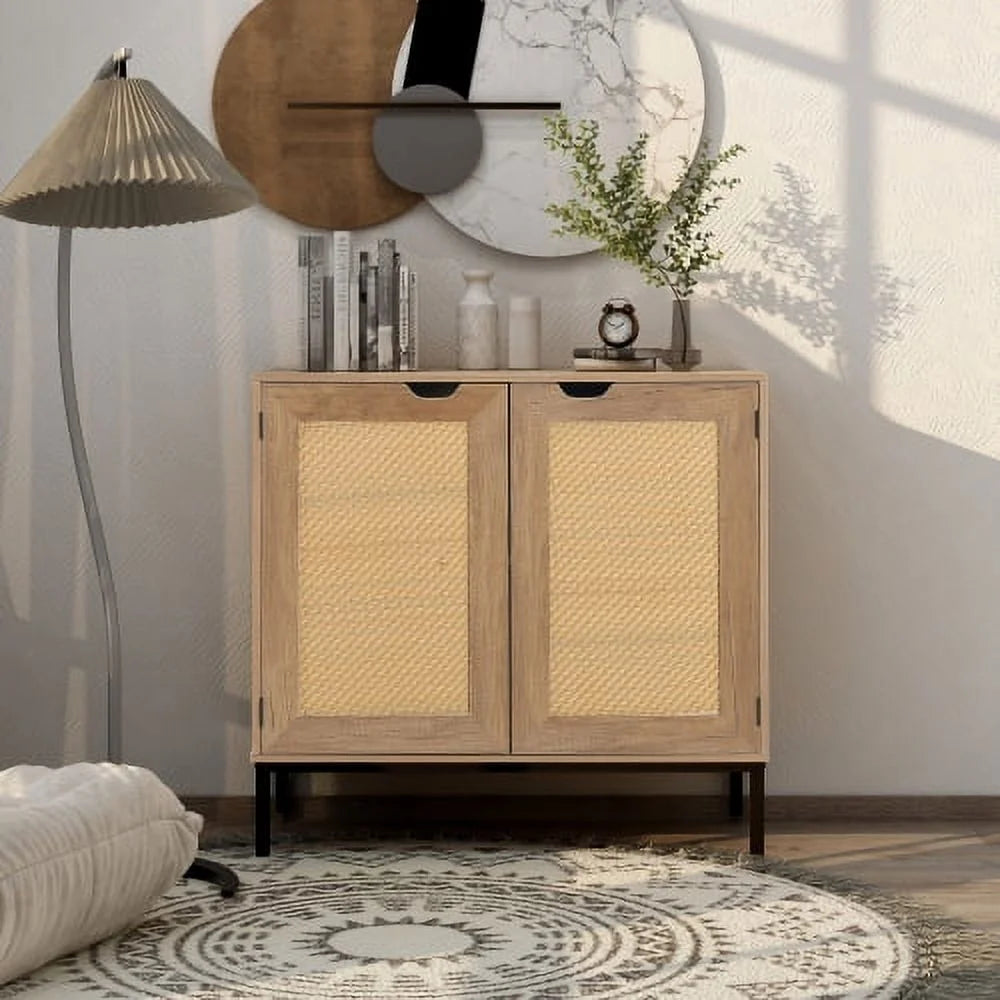 Rustic 2 Rattan Doors Natural Wood Storage Cabinet G751910