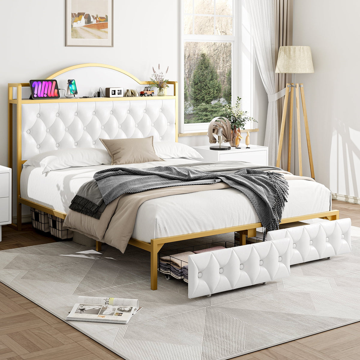 White Queen Size Storage Bed with 2 Drawers T8141