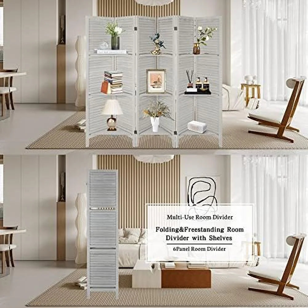 Wood 4 Panel Room Divider with Shelves A774