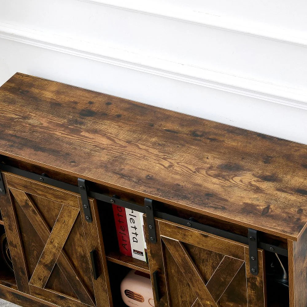 Wooden TV Stand with Storage Cabinet & 2 Sliding Barn Doors A30546