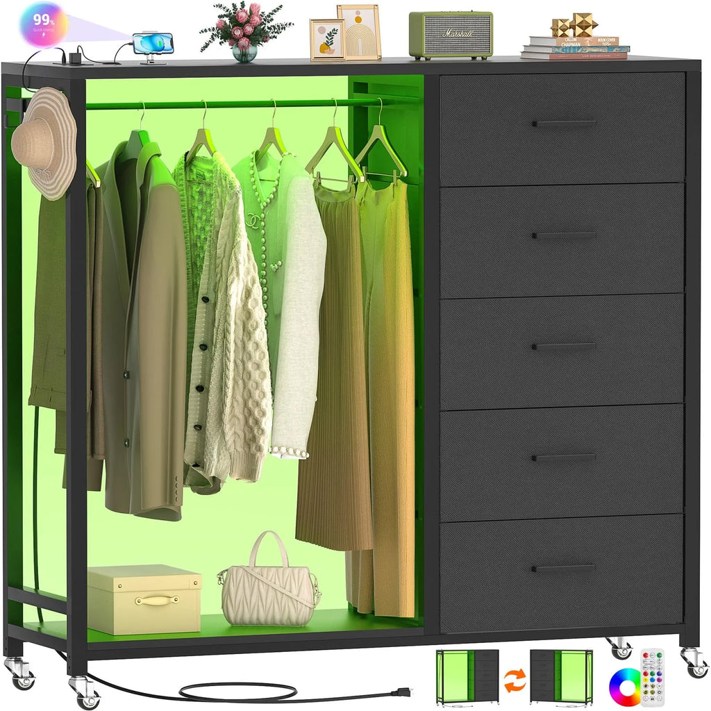White 5 Drawer Dresser with Clothes Rack M173