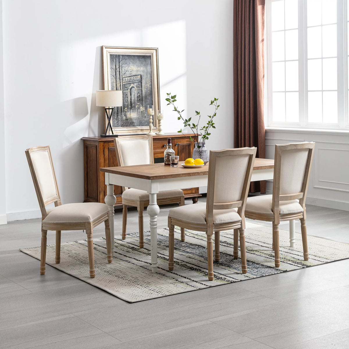 French Style Solid Wood Frame Linen Fabric Rattan Back Dining Chair Set Of 2 J874