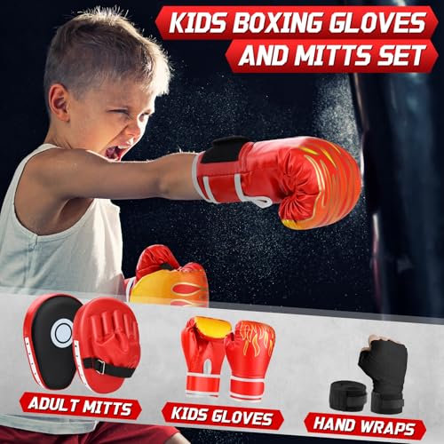 Kids Boxing Gloves and Punching Mitts Set with Hand Wraps E3746