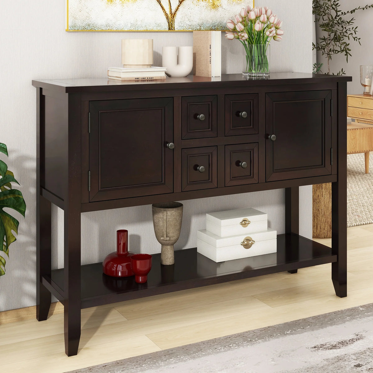 Vintage Console Table with Four Drawers and Bottom Shelf, Espresso T714