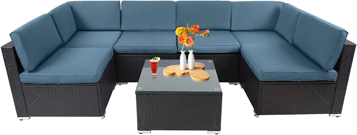7-Pieces Wicker Outdoor Sectional Sofa Set with Haze Blue Cushions I76713