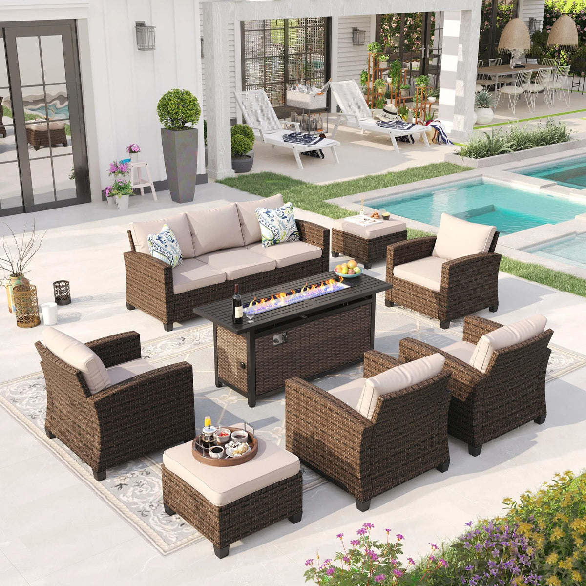 8 Pieces Wicker Patio Furniture Set with Fire Pit Table R616