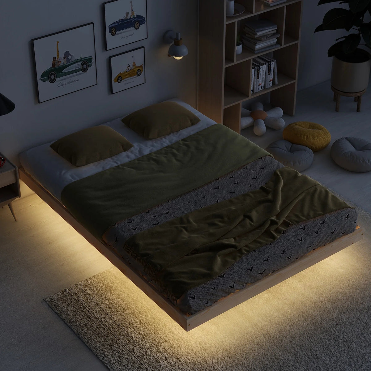 Full Size Grey Pinewood Floating Platform Bed with LED Lights B513552