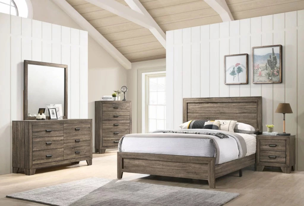 6Pc Queen Size Panel Bed Dresser Mirror Nightstand Chest Set Wooden Gray E834793