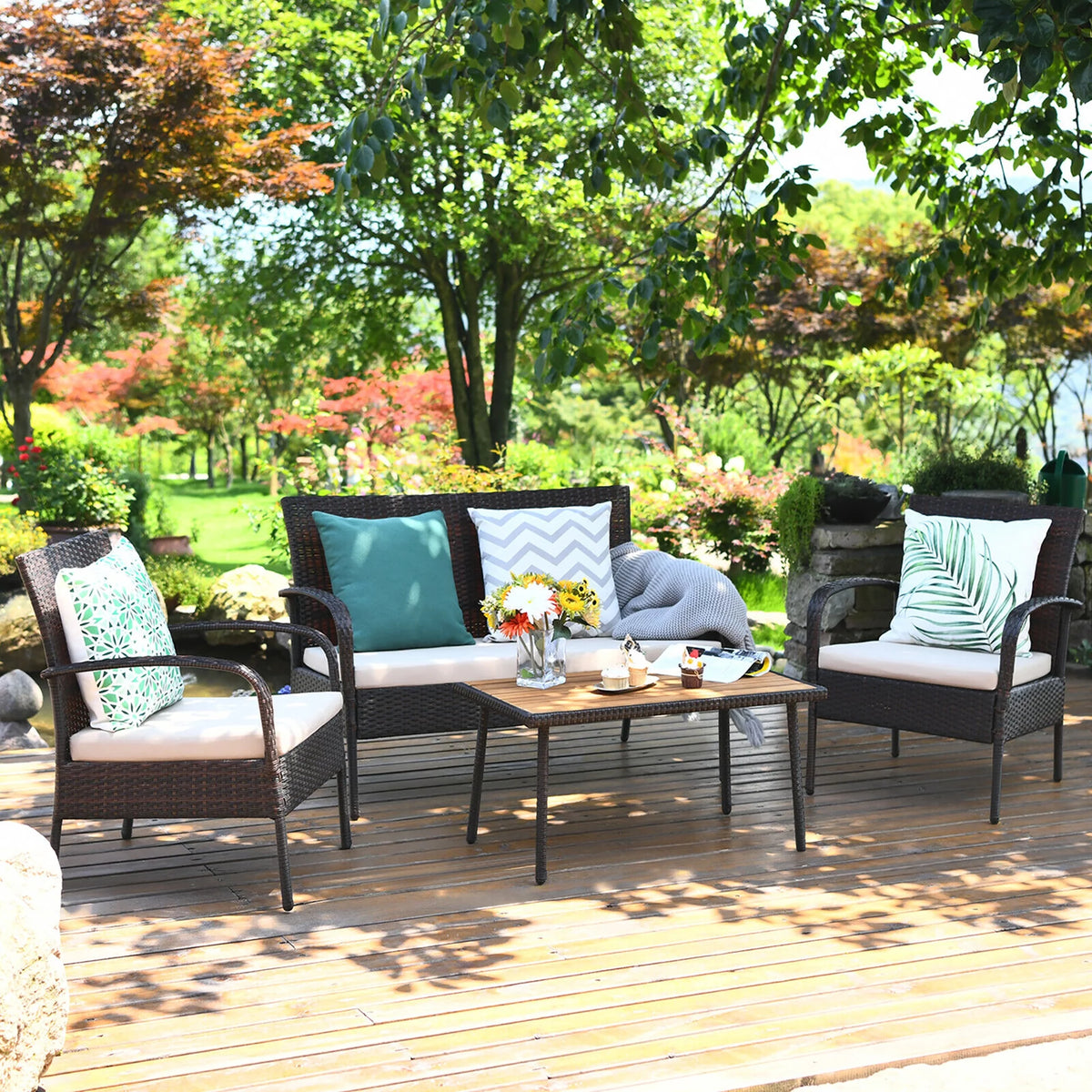 4 Pc Patio Rattan Furniture Set with Cushions L46613